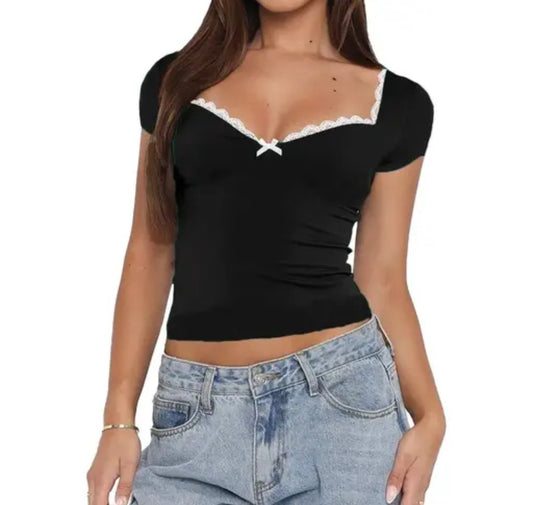 Heart neck lace bow top